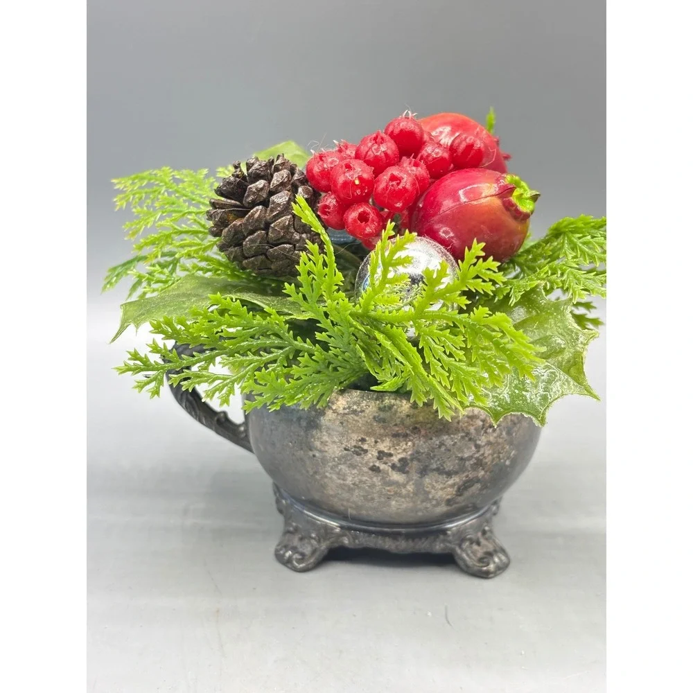 Vtg Castle Silver on Copper‎ Christmas Holiday Decor Pinecone Berry